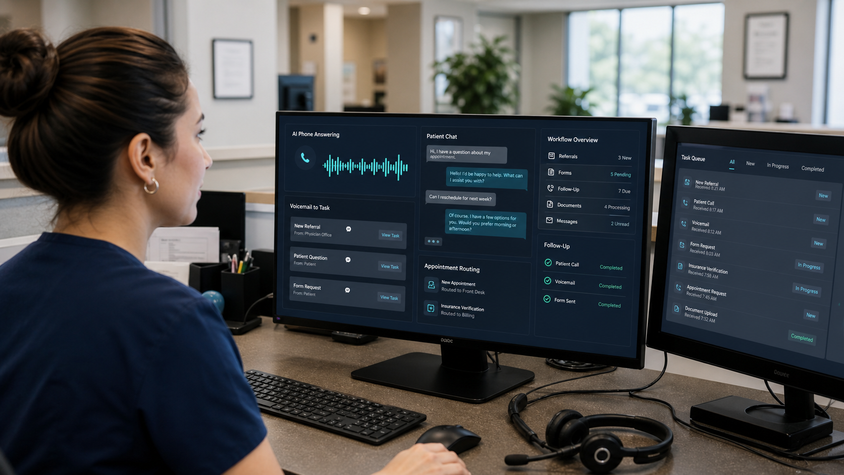 Medical front desk using AI phone answering, patient chat and automated task routing